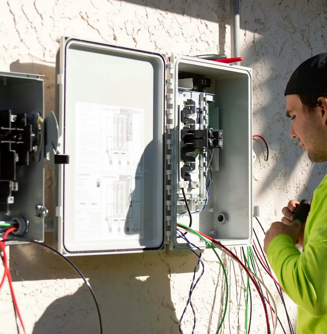Electrician in a hi-vis jacket on site