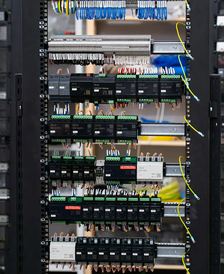 Open board with wiring and circuit breakers
